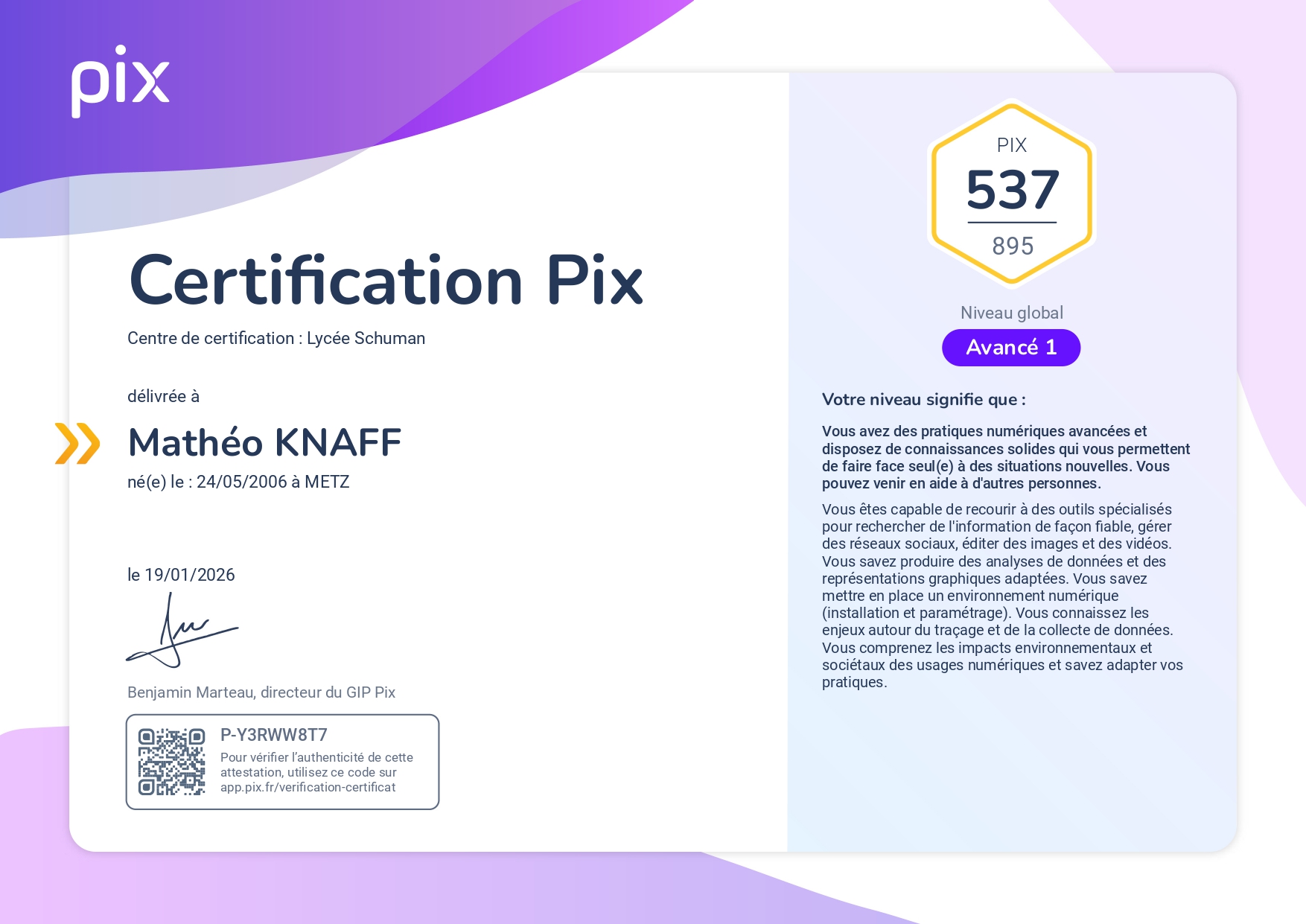 Certification PIX Compétences Numériques